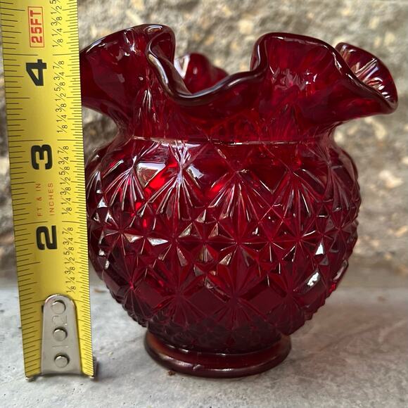 Fenton Ruby Red Diamond Star Pattern Ruffled Vase Glass Bowl 4.25” - Picture 2 of 5
